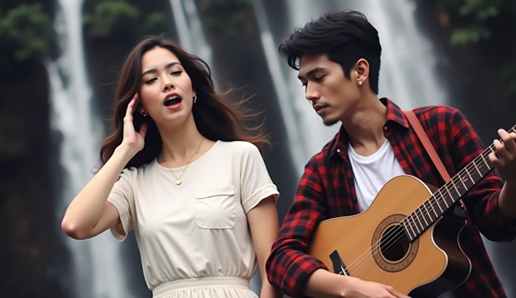 woman 20 year old singing , man 22 year playing on the guitar, realistic photo, no cartoon. real photo