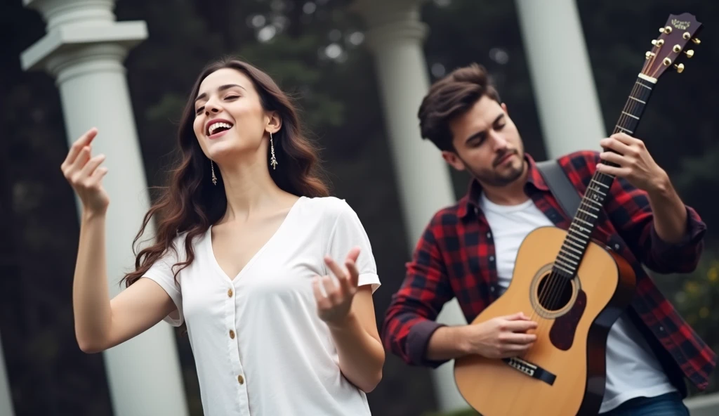 woman 20 year old singing , man 22 year playing on the guitar, realistic photo, no cartoon. real photo 