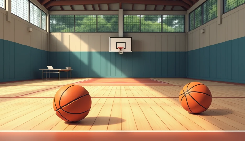 a Japanese school basketball court. the floor is wooden, the court is empty without any people; there are 2 basketball balls on the floor, and there is a table outside the court with a laptop; masterpiece, super detailed. 