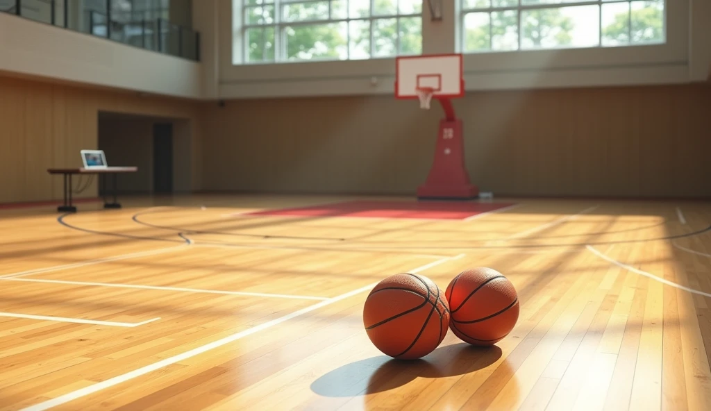 a Japanese school basketball court. the floor is wooden, the court is empty without any people; there are 2 basketball balls on the floor, and there is a table outside the court with a laptop; masterpiece, super detailed. 