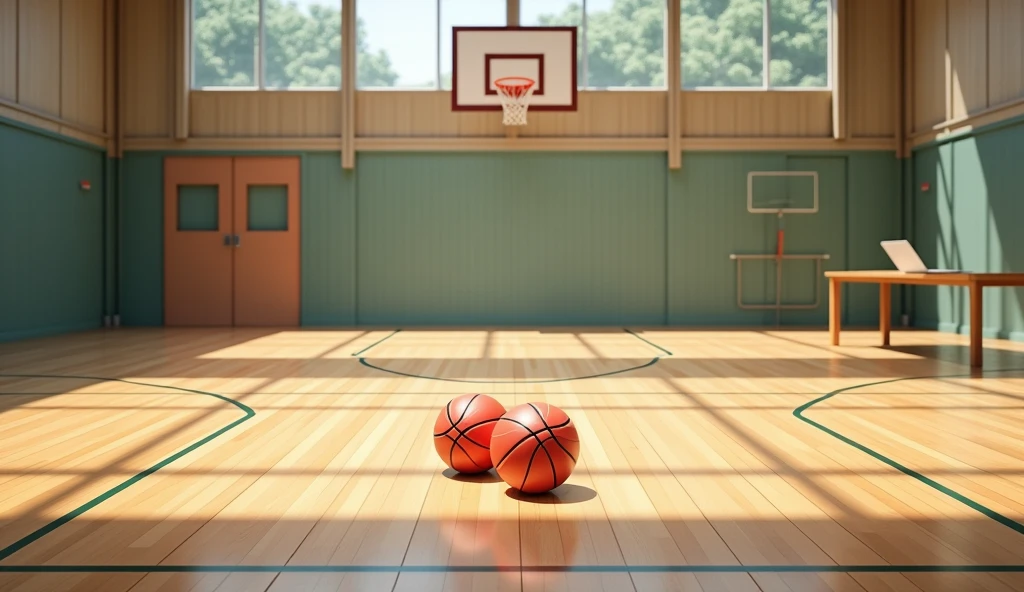 a Japanese school basketball court. the floor is wooden, the court is empty without any people; there are 2 basketball balls on the floor, and there is a table outside the court with a laptop; masterpiece, super detailed. 