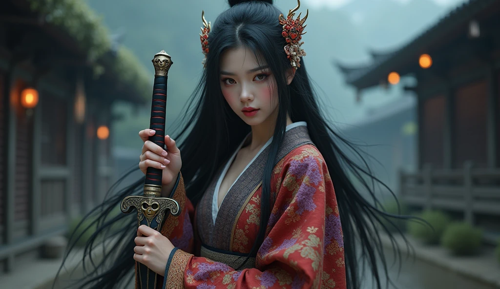 30yo,show off long legs,Create a photorealistic full-body image of a female character inspired by the medicine seller from 'Mononoke' in the 'Karakasa' arc, as if it were from a live-action adaptation. She has long, flowing black hair styled elegantly, and her face is adorned with traditional geisha-style makeup. Include the same sharp, artistic orange eye makeup with small red gems near the eyes, and a delicate pink lip color. She is holding a sword inspired by the Taima sword from a specific reference image, with intricate designs and a demonic face on the hilt. The woman is dressed in a traditional yet intricately designed kimono with rich, textured fabrics, blending deep reds, purples, and golds. The background depicts a traditional Japanese setting with a supernatural atmosphere, such as a haunted temple or a misty forest. The overall mood should be mysterious and eerie, capturing the full essence of the character in her environment.