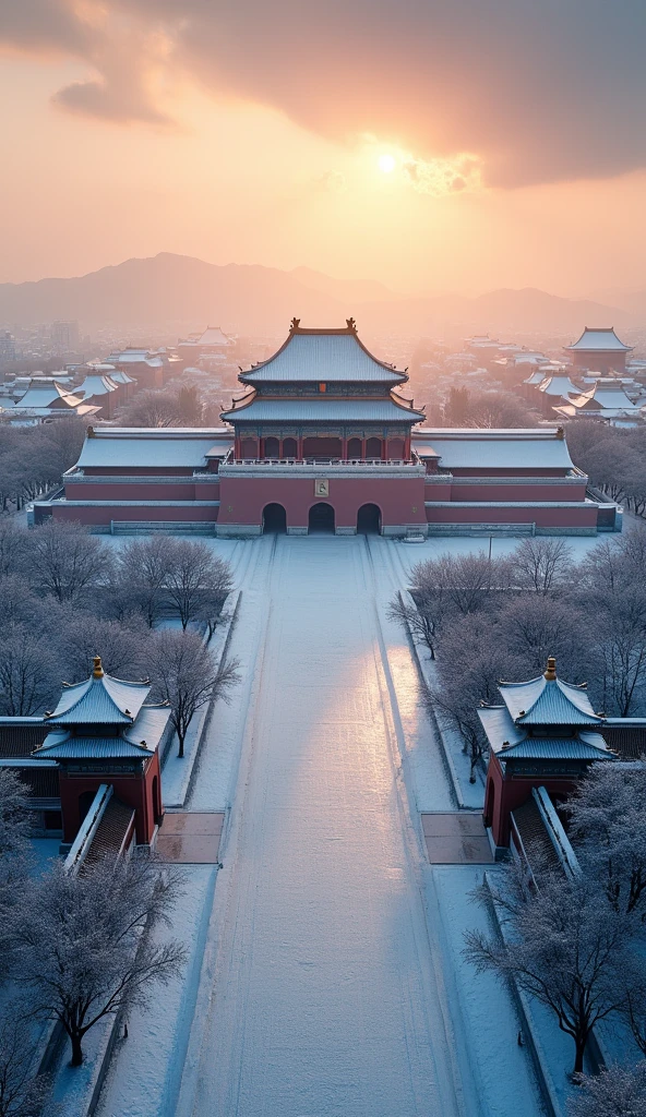 A stunning aerial view of snow-capped  Square in Beijing, a magnificent winter scene, detailed snow-covered landscape, expansive square, historic architecture, dramatic lighting, cinematic composition, vivid colors, atmospheric haze, serene and peaceful atmosphere, (best quality,8k,highres,masterpiece:1.2),ultra-detailed,(realistic,photorealistic,photo-realistic:1.37),landscape,winter,cityscape,architectural,cinematic,dramatic lighting,atmospheric