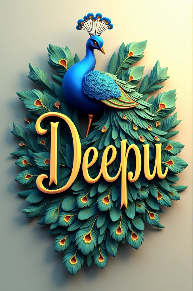 "A beautifully stylized 3D design of the name 'DEEPU' in large, elegant letters. The text is crafted with a combination of smooth curves and bold edges, resembling a mix of classic and modern typography. A vibrant peacock is perched atop the letters, with its intricate tail feathers cascading down and around the text. The peacock features a mix of rich blues, greens, and teal colors, with golden accents in its feathers. The overall composition has a luxurious and artistic feel, with a soft gradient background that complements the colors of the peacock and the text."