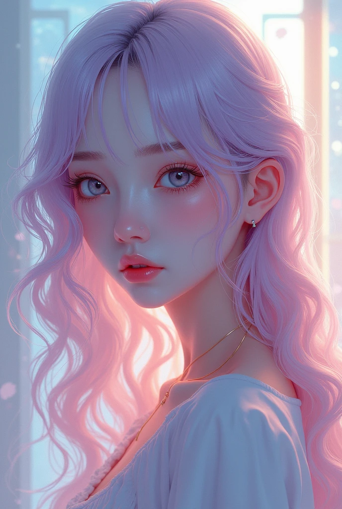 Image of Yuna from Neon Dream with soft wavy hair in pastel colors not anime