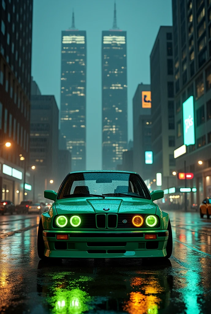 BMW E30 M3 in mint green with green headlights ,New York in front of the World Trade Center at night and it&#39;s raining 