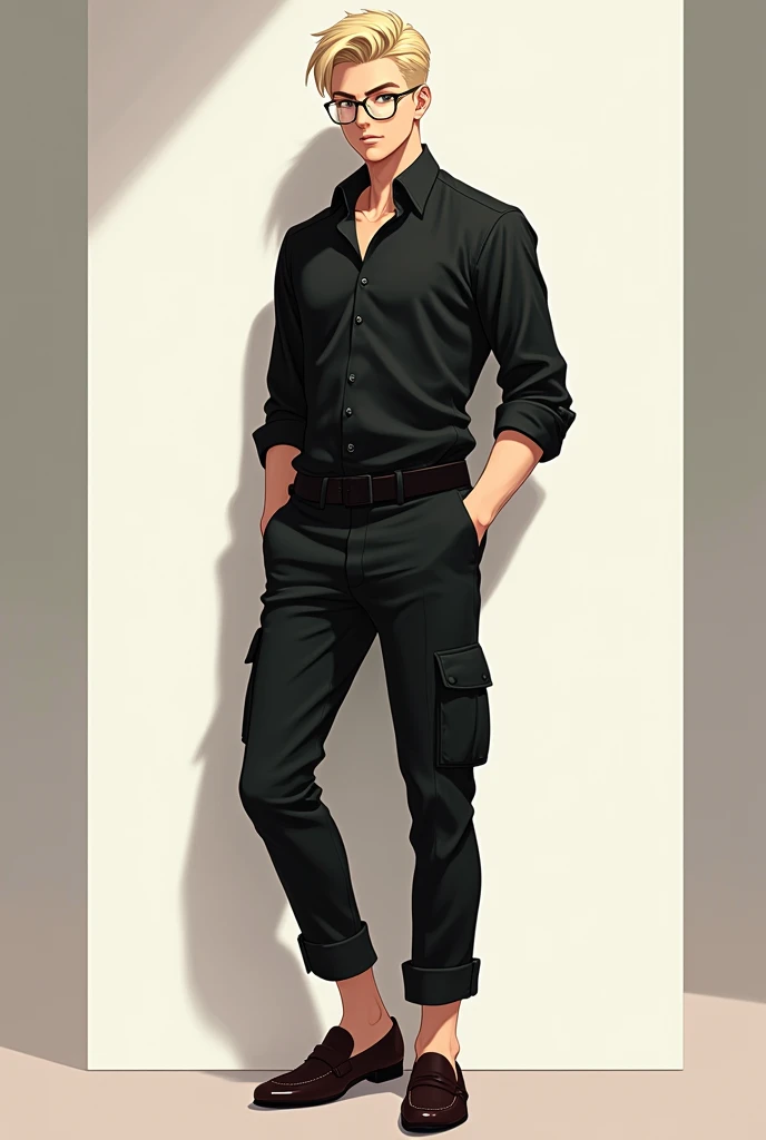 One Handsome anime men with short handsome haircut, blonde color. wearing glasses, black shirt with collar, black cargo pants and dark chocolate loafers 