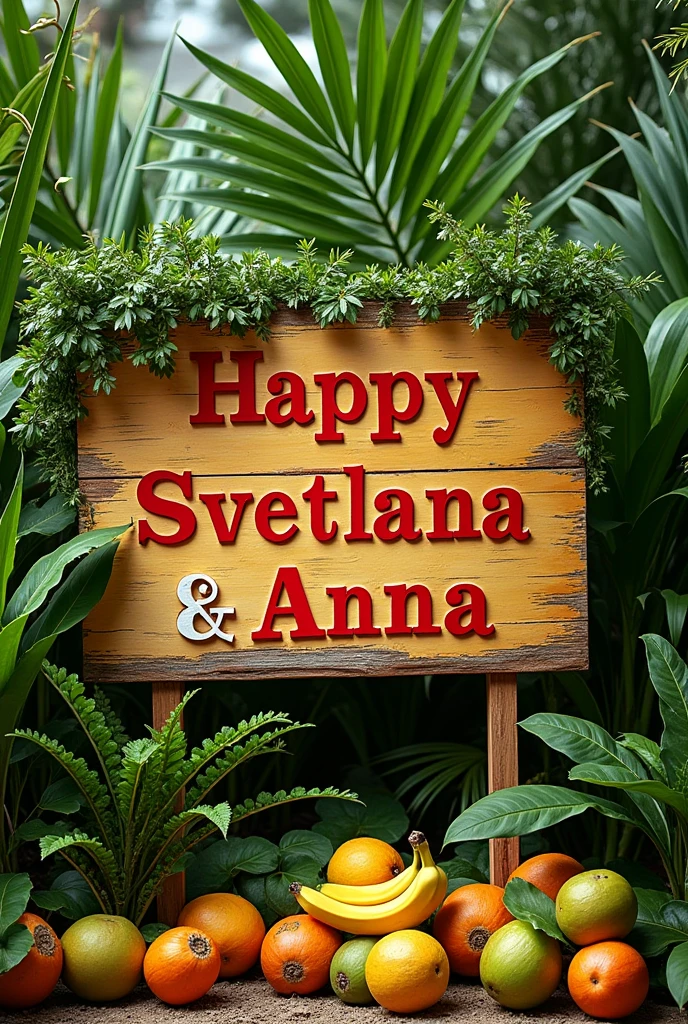 A breathtaking and inspiring photo of a wooden sign filled with bright colors and palm tree leaves. The sign features bold, uplifting phrases : “ Happy Birthday Svetlana & Anna”. Pampas branches, palm trees, coconuts and bananas adorn the sign, and each showcases its unique beauty. The warm wooden background accentuates the bright colors and typography of the sign, creating an atmosphere of hope and encouragement that resonates with viewers., bright, photo, typography