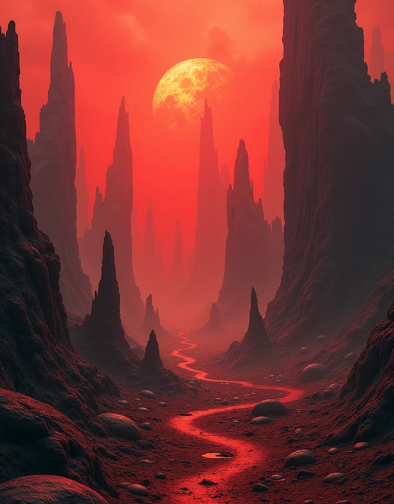 a highly detailed, dark, surreal, and futuristic landscape, a twisted, ((anamorphic:1.5)) interpretation of the Cthulhu mythos, inspired by the artwork of Zdzislaw Beksinski and Vincent Van Gogh, featuring a demonic, hellish presence, with vibrant red and coral hues, dry and abstracted elements, in the style of album covers, romantic and futuristic, (best quality,4k,8k,highres,masterpiece:1.2),ultra-detailed,(realistic,photorealistic,photo-realistic:1.37),cinematic lighting,dramatic shadows,moody atmosphere