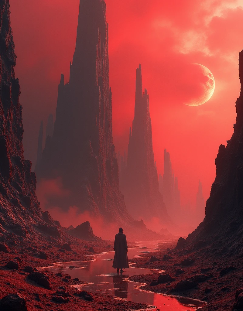 a highly detailed, dark, surreal, and futuristic landscape, a twisted, ((anamorphic:1.5)) interpretation of the Cthulhu mythos, inspired by the artwork of Zdzislaw Beksinski and Vincent Van Gogh, featuring a demonic, hellish presence, with vibrant red and coral hues, dry and abstracted elements, in the style of album covers, romantic and futuristic, (best quality,4k,8k,highres,masterpiece:1.2),ultra-detailed,(realistic,photorealistic,photo-realistic:1.37),cinematic lighting,dramatic shadows,moody atmosphere