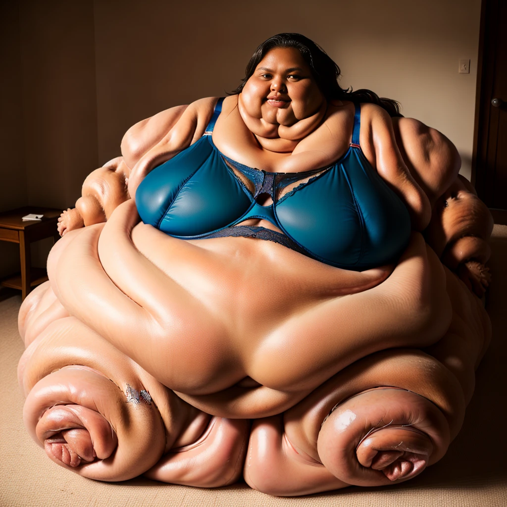 1 Extremely obese samoan woman (realistic face: 1.5) (edema: 1.1) (lipedema:1.1) (lymphedema:1.1) (Cellulite: 1.1) (hanging overflowing fat rolls: 1.4) (giant disdented protruding stomach:1.4) (realistic skin: 1.2) (realistic lighting: 1.2) (lingerie:1.2) (immobile:1.6) (visible cankles:1.3),