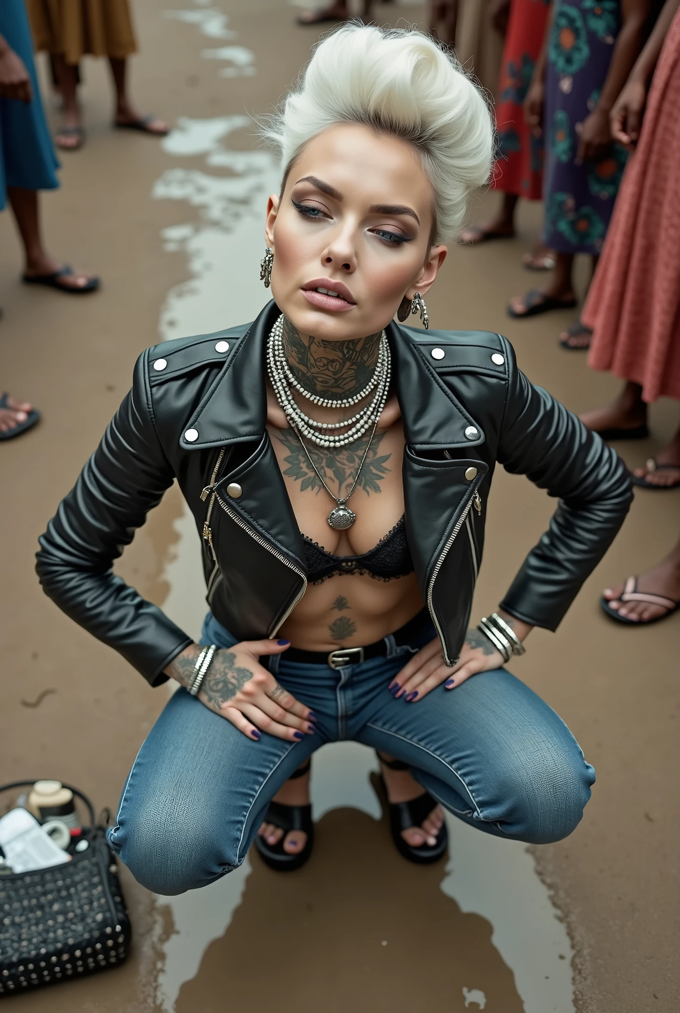 russian milf woman, grey  hair (high pompadour, top bun), with very light blue eyes, extremely pale skin. All neck tattooed. Hands and forearms all tattooed. Wearing cropped aged black moto jacket with lots of zippers and pins, flipped up collar.. black lace push up bra. Dark blue skinny  jeans.. flip flops. . Dirty knees, dirty feet and muddy hands.  Squatting on a puddle with hands on her hips, looking up, chin up, stretching her neck , humble facial expression.  Black nail polish. studded black leather tote bag with chain on the floor, next to her.. Listening with tilted head,looking up in amazement to somebody speaking to her from the sky, upper teeth visible. Well toned abdominals, thin neck, slim legs and thin arms. Narrow hips Cleavage, stomach, neck, and hands completely covered with tattoos. Dirt street in Kenyan village full of waste. Lots of silver bracelets, silver pendants,  and big pearl collars and necklaces around all the neck. A lot of tanned fat women  in traditional dresses around looking at her. next to her, all her belongings scattered on the floor: tobacco packs, makeup kit, little makeup mirror, studded black leather tote bag, lipstick, wallet, moble etc on the floor, point of view; from above