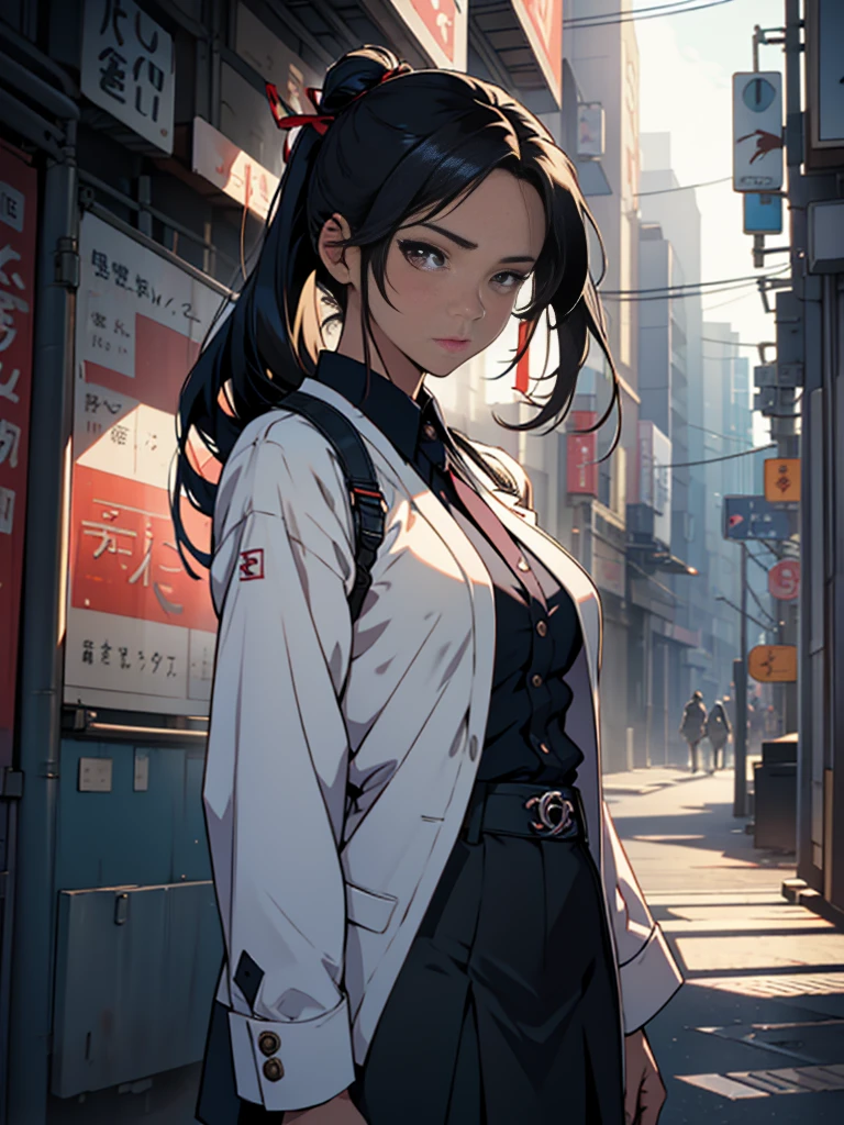 One adult woman with narrow eyes,career woman,Office Lady,pants suit,Jacket,ribbon,Tight skirt,pumps,lawyer,cool,gauze, Chanel,Forehead,Anatomically correct, accurate, masterpiece, Highest quality, Winner of numerous awards, Textured skin, retina, retina, Black Hair, Half-up hairstyle, solemn, Column Lineup,Cinematic light effects, Anime Style, Japanese illustration style, Half-up hairstyle, Very adult