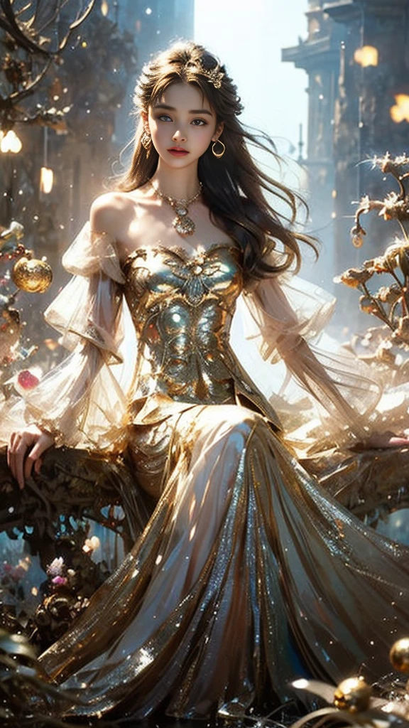 8K, ultra hd, masterpiece, 1 girl, (good face:1.4), detailed eyes, very long hair, impressive hairstyle, earings, necklace, small breasts, (golden dress:1.5), see-through, (fantasy dress:1.5) Light-colored foundation brings out the transparency of the skin, (in the wonderland:1.5), mystery, diwali lights, glowing lights, very decoration, The lights falls like water, perfect front body, sitting,