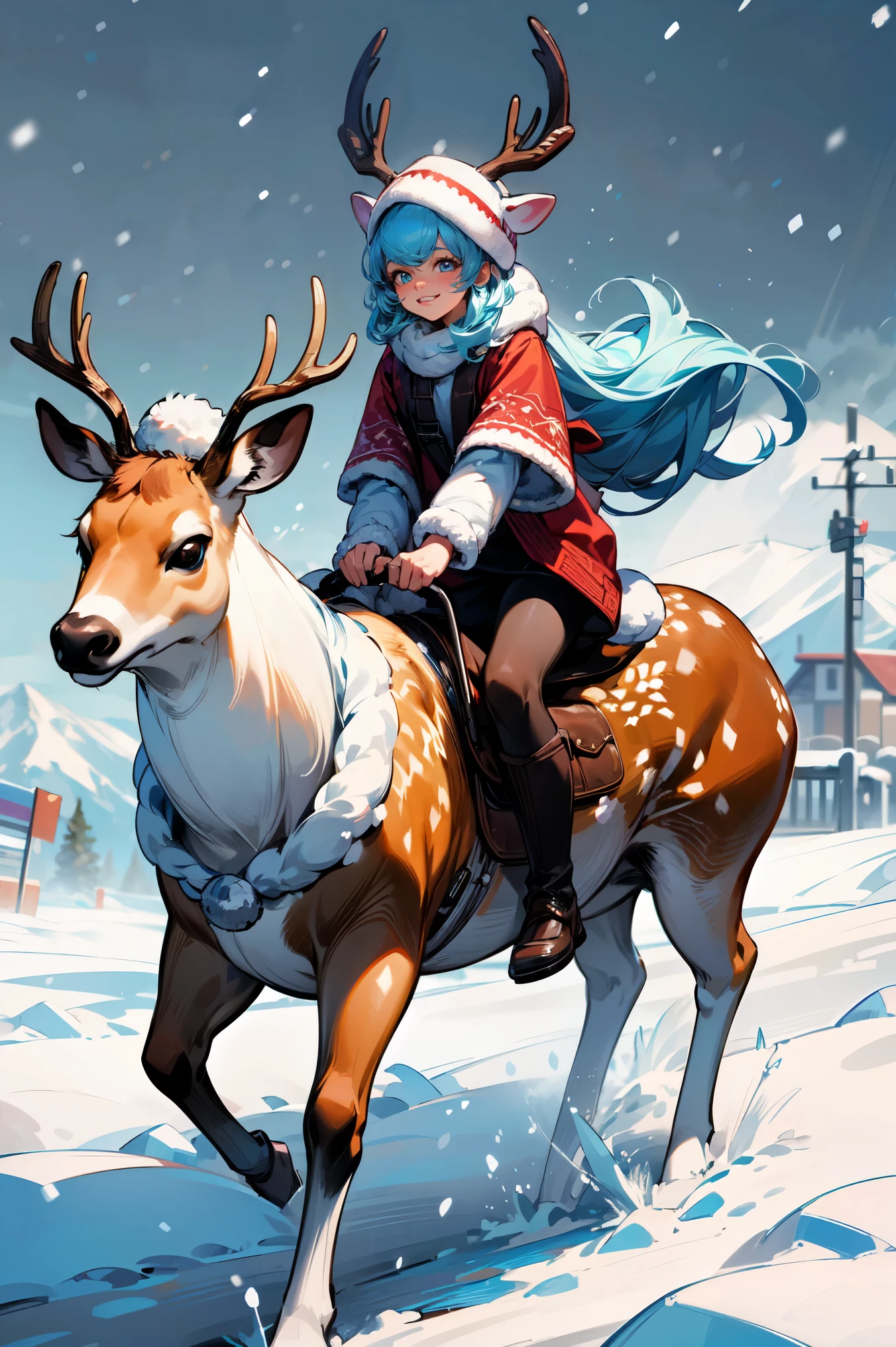 (masterpiece, best quality:1.3), 8K, illustration, super detailed, highly detailed, 1girl, solo, light blue hair, long hair, winter hat, (riding animal, deer, brown deer), ((snow fall)), winter season, scenery snow mountain background, vivid color, absurdres