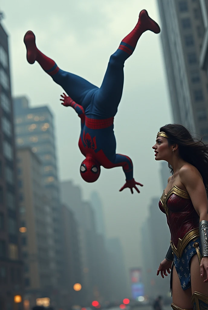 Spiderman fall at land with wonder woman crying