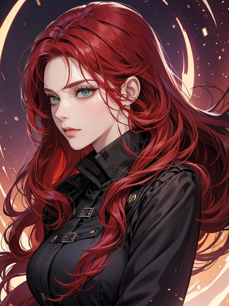 a mature woman, green eyes, red hair with long bangs, noble, mafia. sadistic women, wavy long hair. wear black purple winter jacket. strong woman. background in mansion