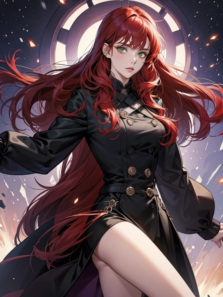 a mature woman, green eyes, red hair with long bangs, noble, mafia. sadistic women, wavy long hair. wear black purple winter jacket. strong woman. background in mansion