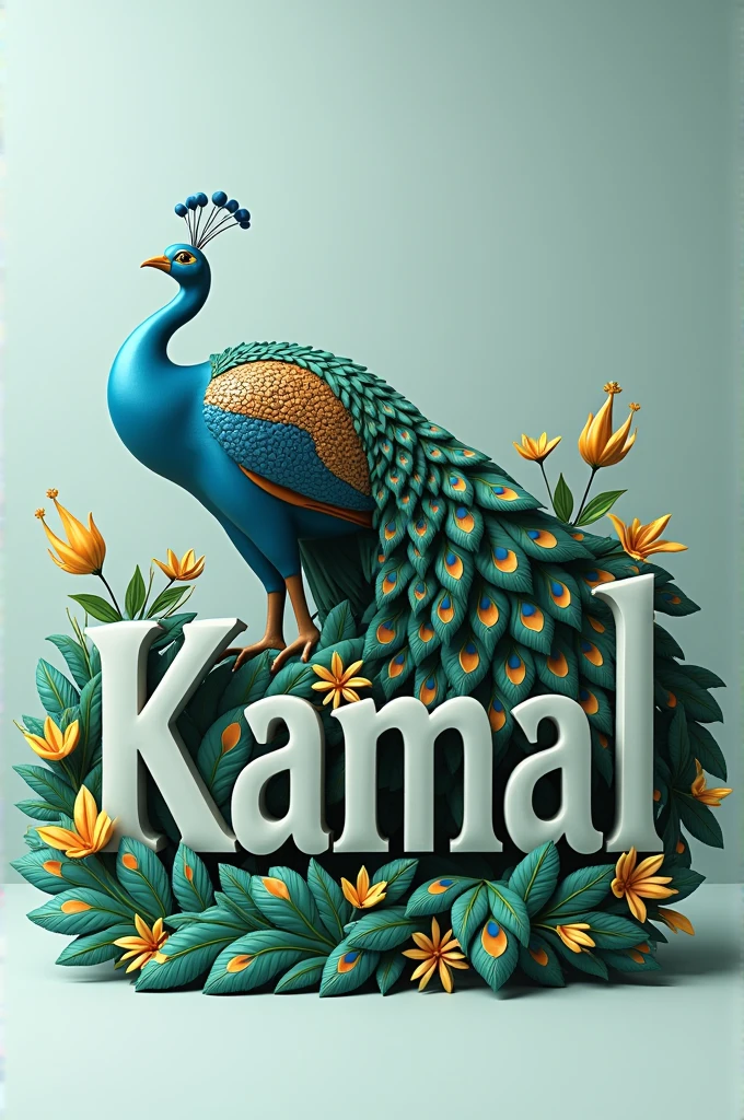 "A beautifully stylized 3D design of the name 'KAMAL' in large, elegant letters. The text is crafted with a combination of smooth curves and bold edges, resembling a mix of classic and modern typography. A vibrant peacock is perched atop the letters, with its intricate tail feathers cascading down and around the text. The peacock features a mix of rich blues, greens, and teal colors, with golden accents in its feathers. The overall composition has a luxurious and artistic feel, with a soft gradient background that complements the colors of the peacock and the text."