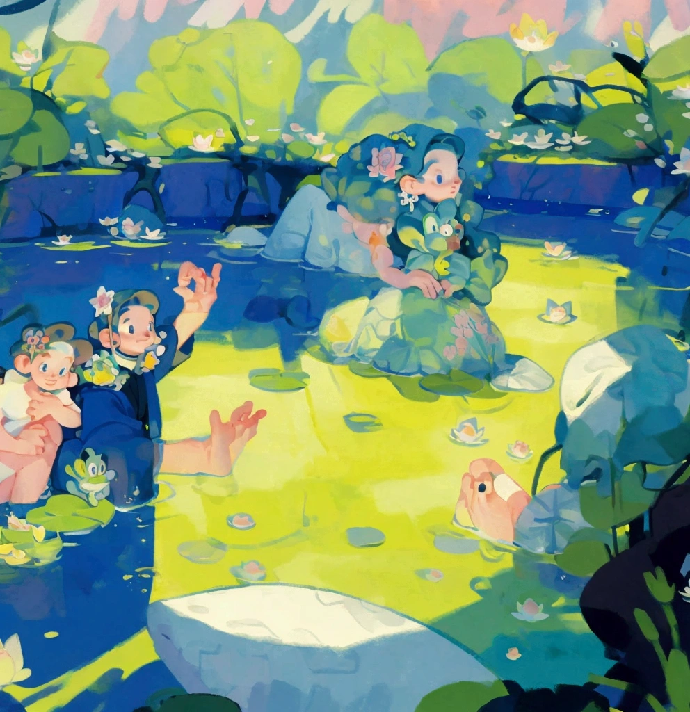 cartoon drawing of a girl riding a frog in a pond, in a pond, in a swamp, monet and da vinchi art style, sitting at a pond, frog themed, peepo the frog!!!, inspired by Yanagawa Shigenobu, cel - shaded art style, in a lake, lily pad, with a cute toad, lotus flowers, solo girl