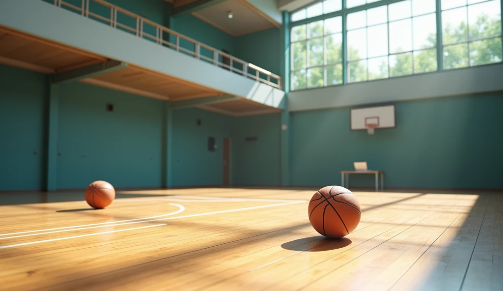 a Japanese school basketball court. the floor is wooden, the court is empty without any people; there are 2 basketball balls on the floor, and there is a table outside the court with a laptop; masterpiece, super detailed. image taken fr;om afar