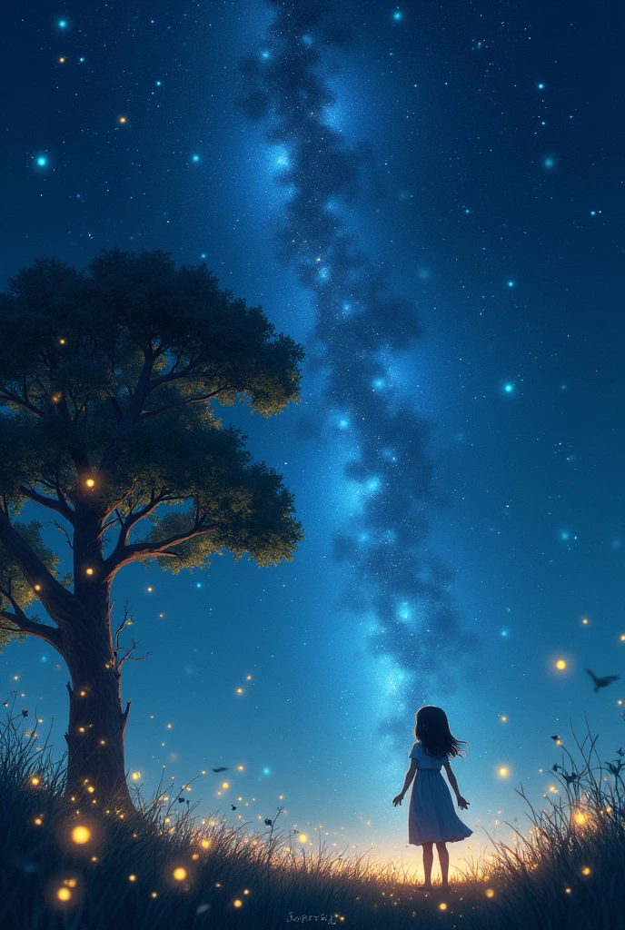 A mystical night sky with infinite stars. Fire flies are lightening up the ground. A girl standing and looking up at the stars. A tree is nearby on which fairy lights are lighting it. 