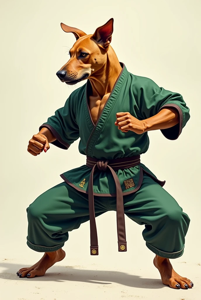 A Phu Quoc Ridgeback dog. In a pine colored martial arts outfit. Doing Krav Maga