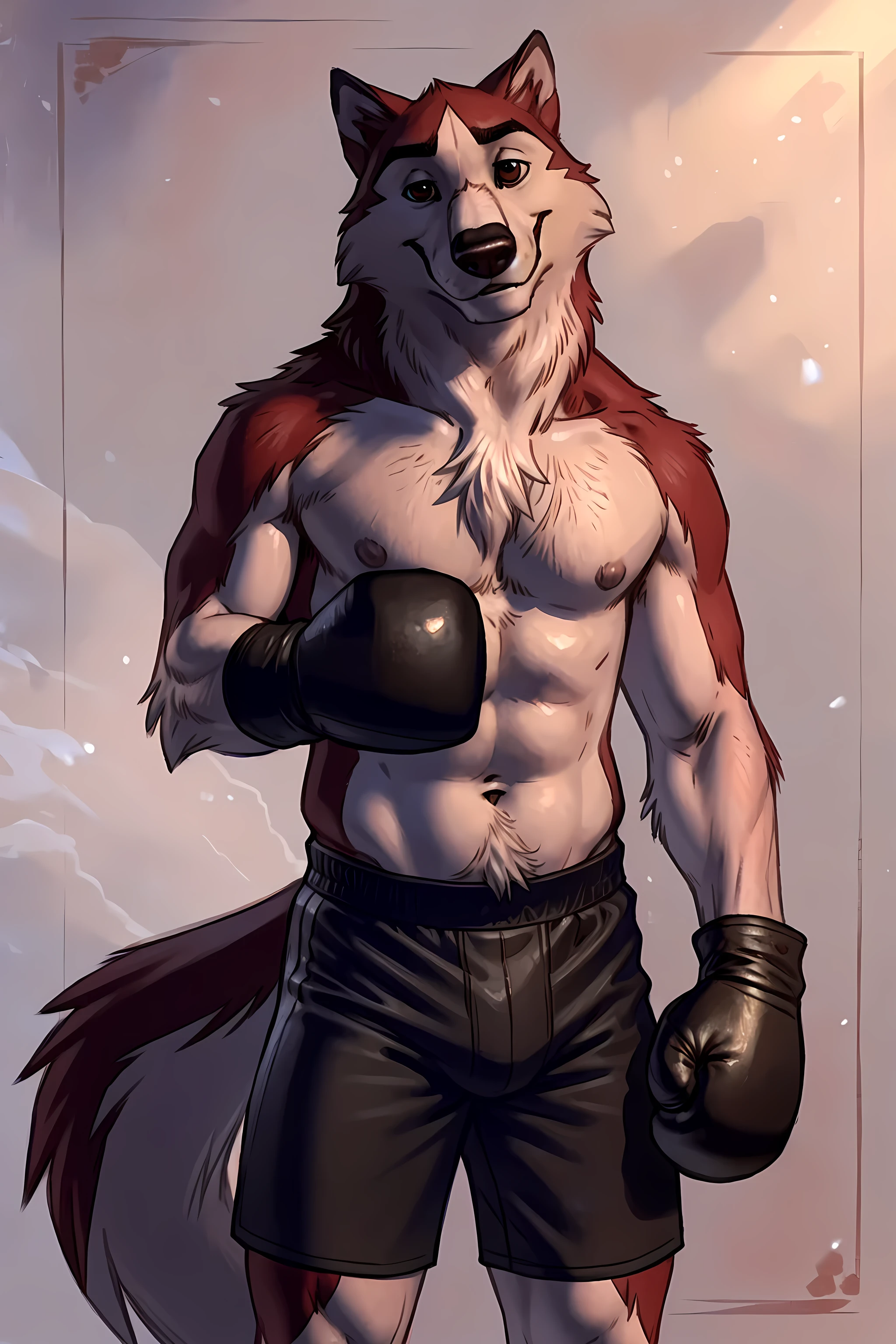 kodiak(balto film), red fur, detailed, detailed face, detailed eyes, anthro body, black lineart, black outline, male, young adult, muscular body, brown eyes, cartoon shading, confident, proud, smile, front view:1.1, boxing shorts, full body:1.2, wolf tail, (wearing boxing gloves, detailed boxing gloves):1.1, (no background, white background):2.0, bare chest, by taran fiddler, by rukis