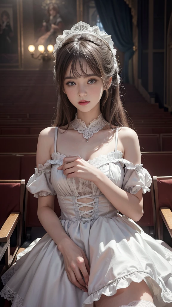 (8k, RAW photos, Best quality, masterpiece:1.2),(facing the audience:1.5),(Realistically, Shoot real:1.4)
,Center,ta clothing,Lace, Iris Gainsborough, Upper part of the body, underwear,Expose bare shoulders, external, ancient castle, high quality, High Detail Skin, Looking at the audience,