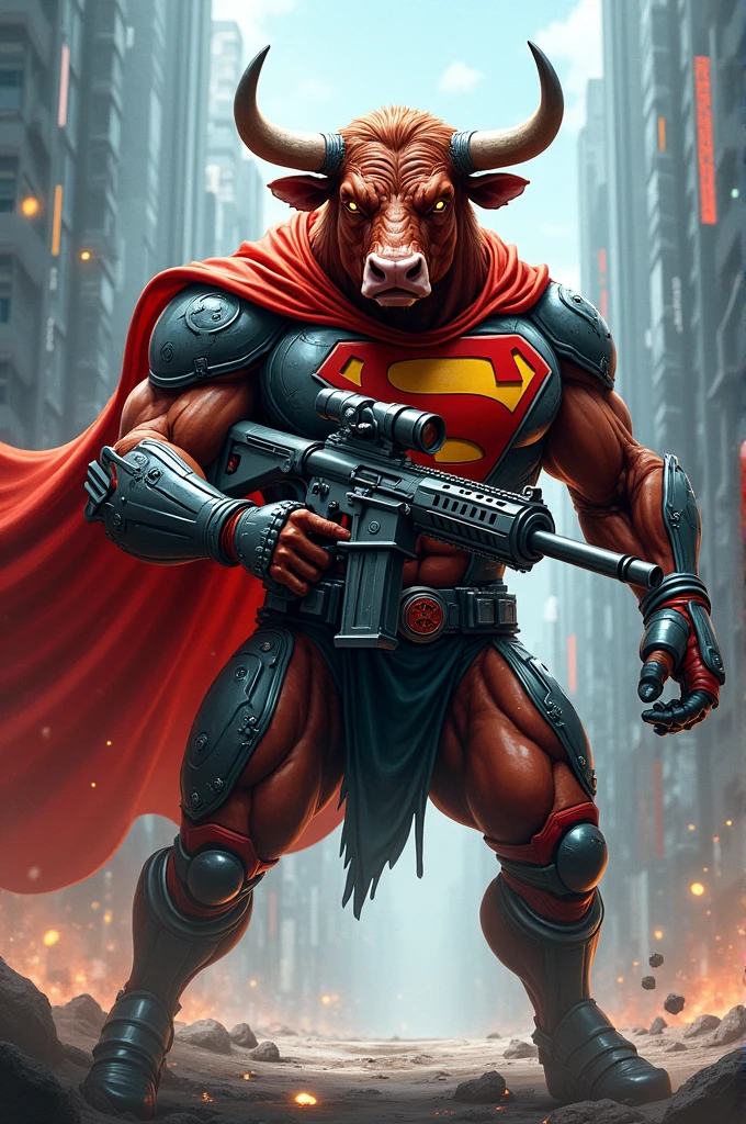 A bull with machine gun with superhero coustume