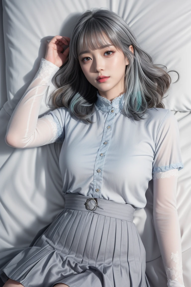 ((Lying in bed))、Mature Woman、Light blue hair、((Light grey hair))、(((Two-tone hair)))、Black taupe dress with delicate light blue decoration、Slender women、Cute Woman、 8K Ultra HD,Detailed face、Delicate texture, Long Hair、(((Blunt bangs)))、(((Drill Hair)))、Tutu skirt、Thigh-length tights、short boots、((Oriental router))、mini skirt、A room in a Western-style building、((Delicate photo))，(Girl Astepeace RAW Photo Details:1.25), (Highest quality:1.6), (Ultra-high resolution:1.5), (Realistic:1.75), 8k resolution, Canon EOS R5, 50mm, Absurd, Very detailed,Cinema Lighting、((stuffed toy:1.3))、Browsing Caution:1.5(Full Body Shot)、(smile)、