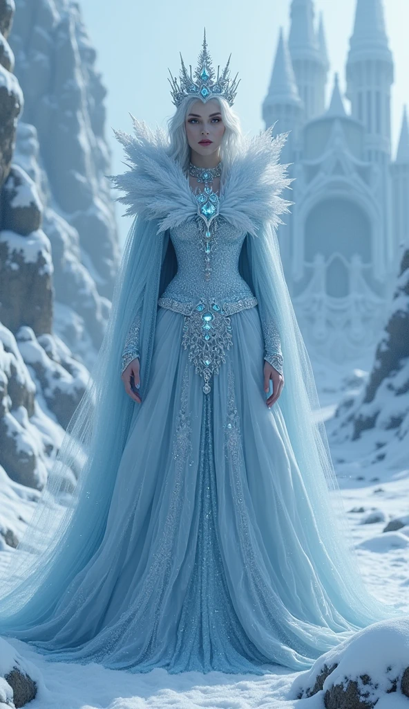 fantasy, snowy scenery, evil and menacing snow queen, ice crown and jewellery, dress made of snow and ice, menacing ice gaze, queen in the foreground, whole figure visible, in the background in the background you can see the ice castle and the surrounding snowy and cold world