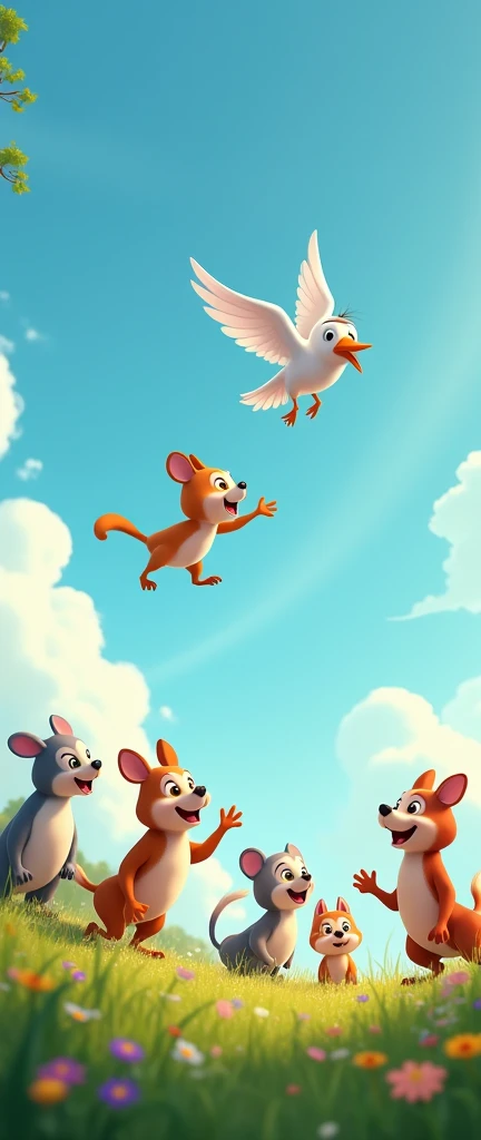 The bird flying joyfully in the sky, and Pappu and the other animals watching from below, smiling and waving.
