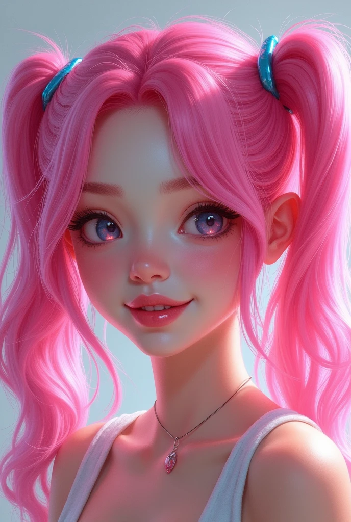 Image of Rina from Neon Dream with bright pink hair in pigtails not anime