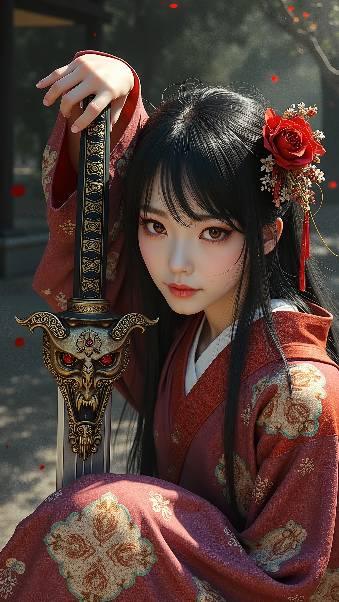 Create a photorealistic full-body image of a female character inspired by the medicine seller from 'Mononoke' in the 'Karakasa' arc, as if it were from a live-action adaptation. She has long, flowing black hair styled elegantly, and her face is adorned with traditional geisha-style makeup. Include the same sharp, artistic orange eye makeup with small red gems near the eyes, and a delicate pink lip color. She is holding a sword inspired by the Taima sword from a specific reference image, with intricate designs and a demonic face on the hilt. The woman is dressed in a traditional yet intricately designed kimono with rich, textured fabrics, blending deep reds, purples, and golds. The background depicts a traditional Japanese setting with a supernatural atmosphere, such as a haunted temple or a misty forest. The overall mood should be mysterious and eerie, capturing the full essence of the character in her environment.