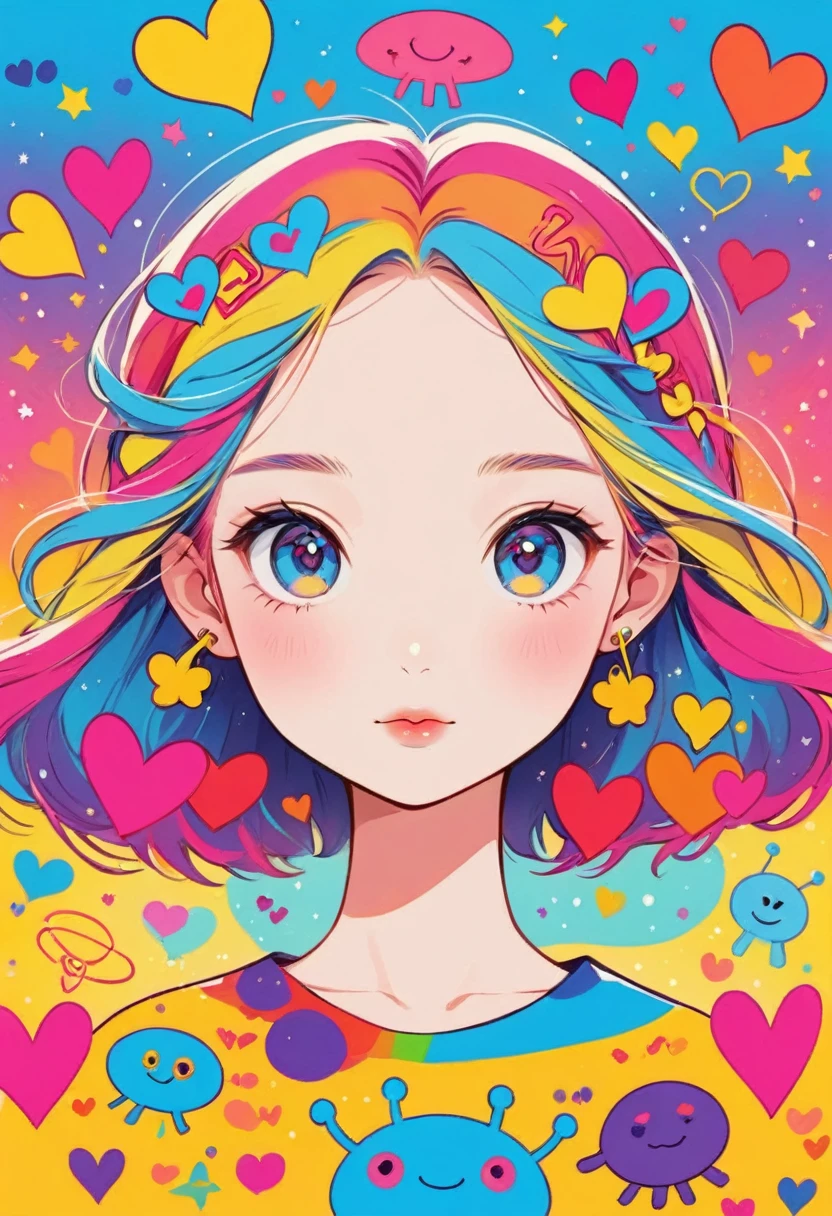 Keith Haring colorfull style, Simple Line Initialism，Abstract art，(((The most beautiful girl of all time))), Sweet face. colorful hearts, stylish design, (((Cute Aliens))), The background is space