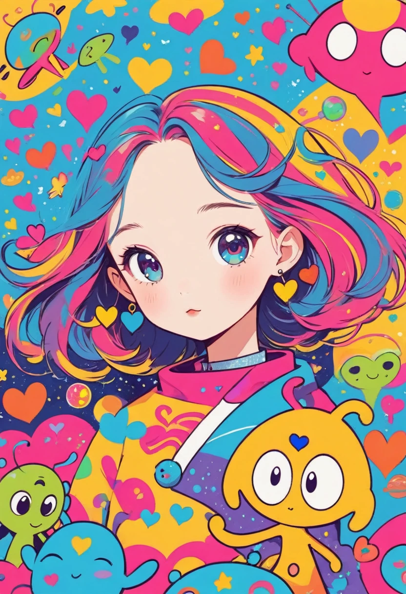 Keith Haring colorfull style, Simple Line Initialism,Abstract art,(((The most beautiful girl of all time))), Sweet face. colorful hearts, stylish design, (((Cute Aliens))), The background is space