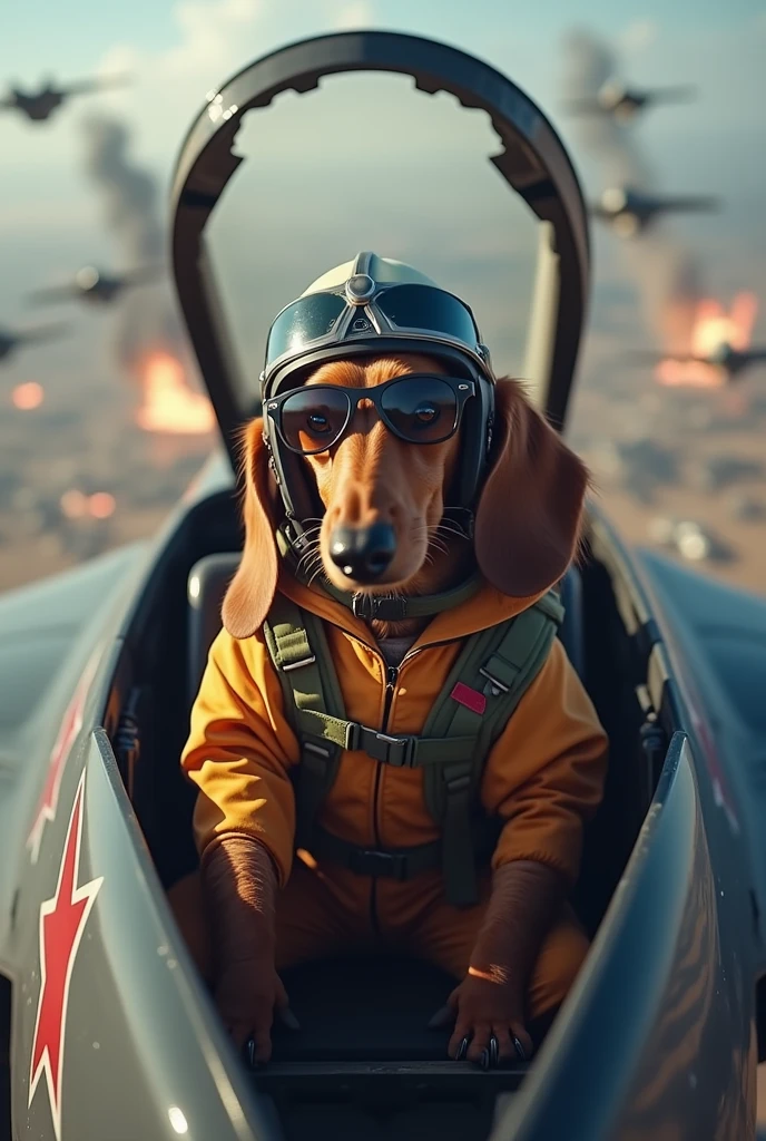 Dachshund Longhaired Brown、Boarding the cockpit of a landing F15 fighter jet、The canopy is open、The body of the fighter「JTt」it is written like this、Wearing sunglasses、Fighter pilot suit、He has a fighter pilot helmet、In the background An airfield in a hotly contested area where fighter planes are fighting