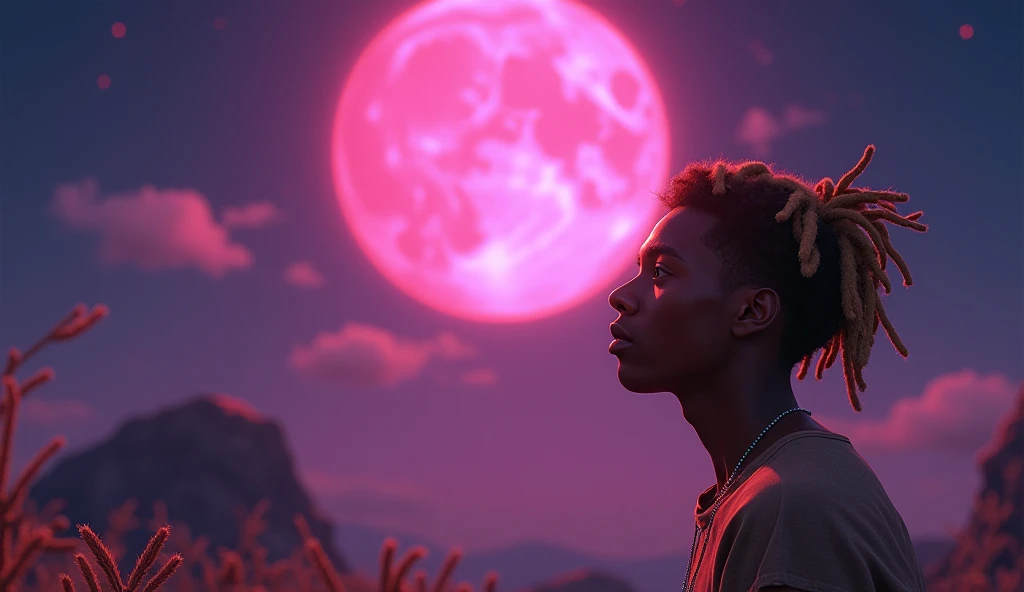 A young man with brown skin and blonde twist locks looking at the pink moon