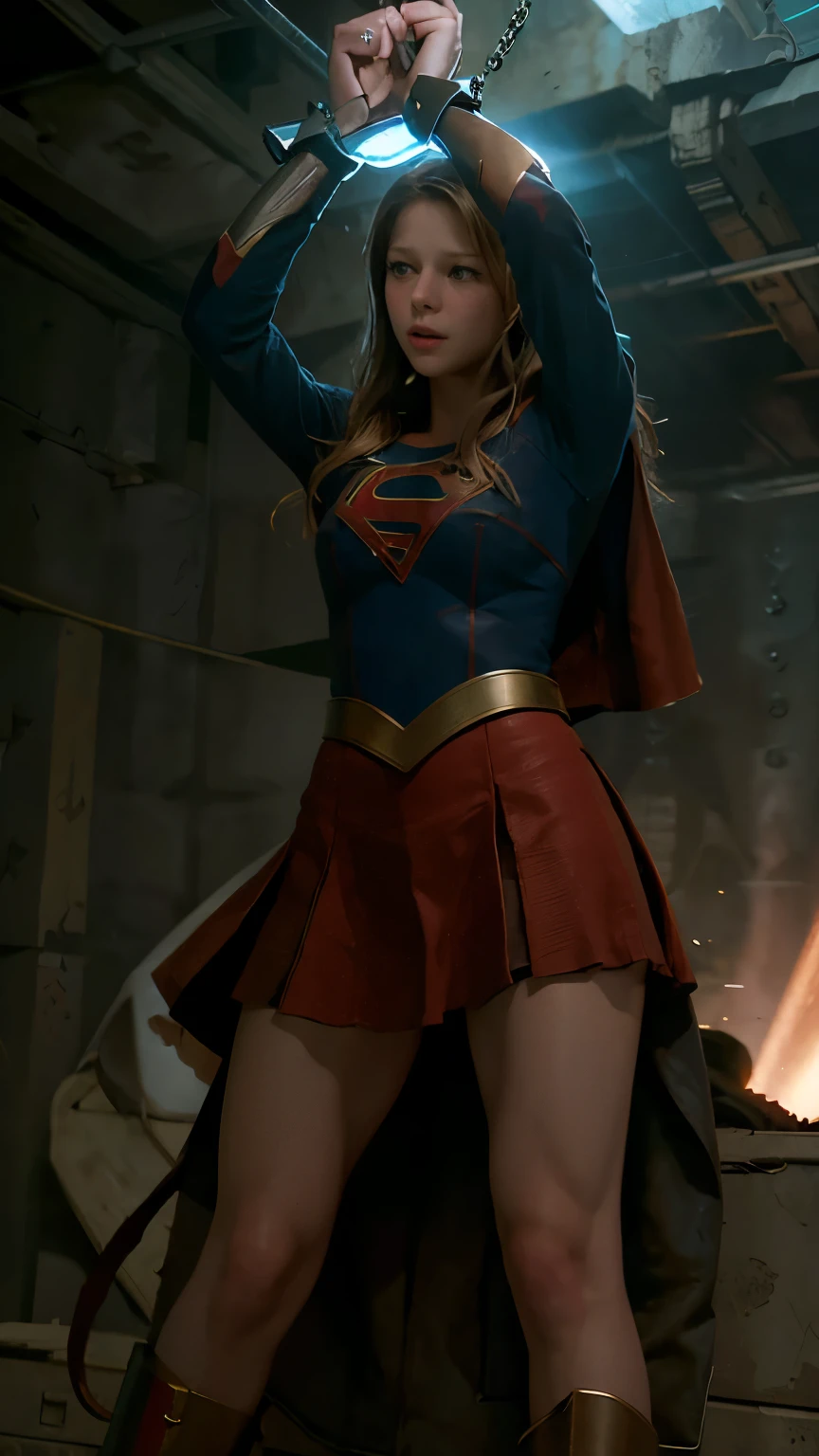 a handcuffed super girl getting raped by an evil squirting, space, space ship, futuristic, bdsm, bondage, , , forced, sexual intercourse, handcuffed, restrained, tattered red skirt, Melissa Benoist face, Bad face, ugly face, open eyes, smile,