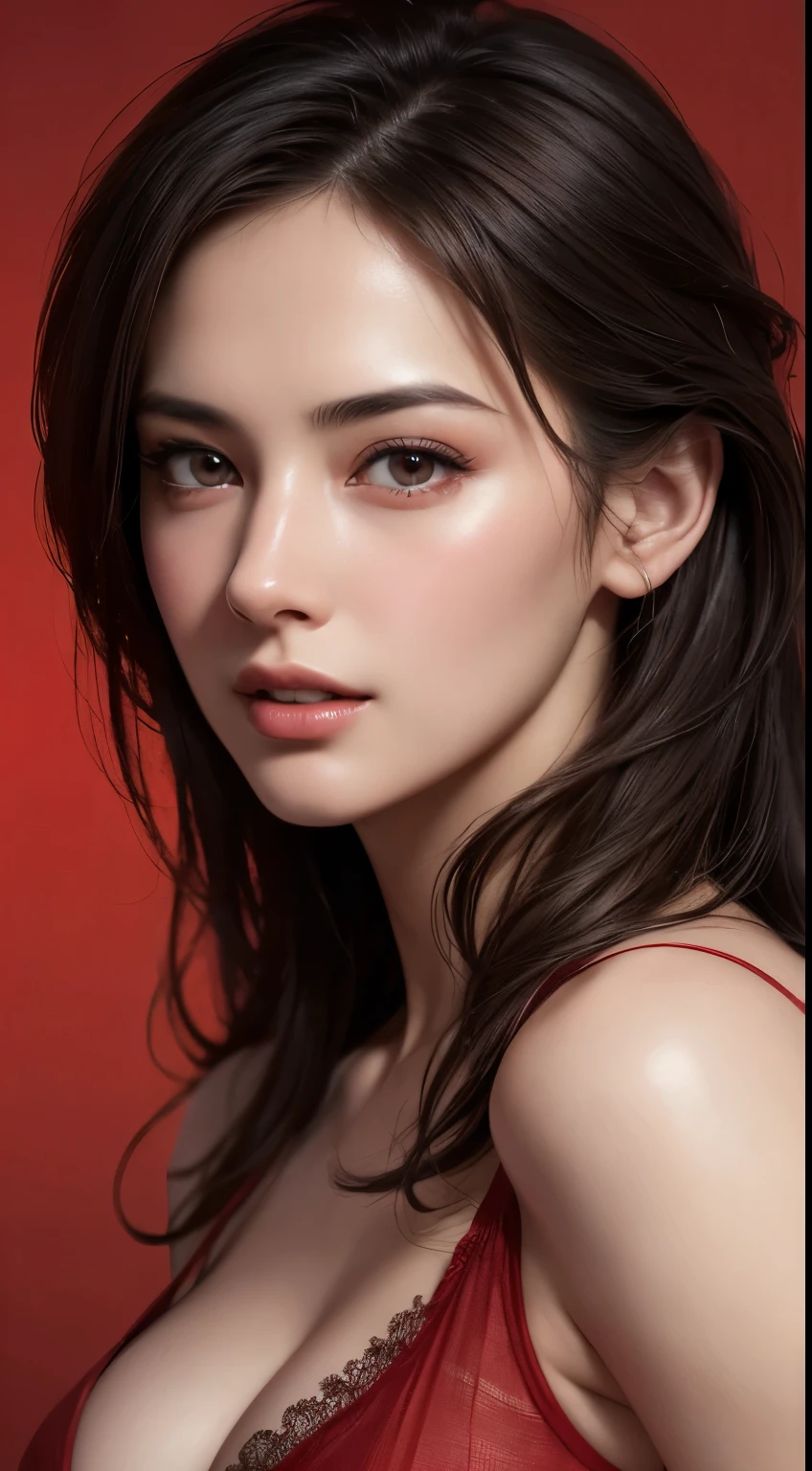 masterpiece, Best Quality, Illustration, Ultra-detailed, finely detailed, hight resolution, 8K Wallpaper, Perfect dynamic composition, Beautiful detailed eyes, ???? face, Face feeling ???????, Look at the viewer, Face at the peak of ?????? excitement, ((red background)), In the style of Mark Demsteader