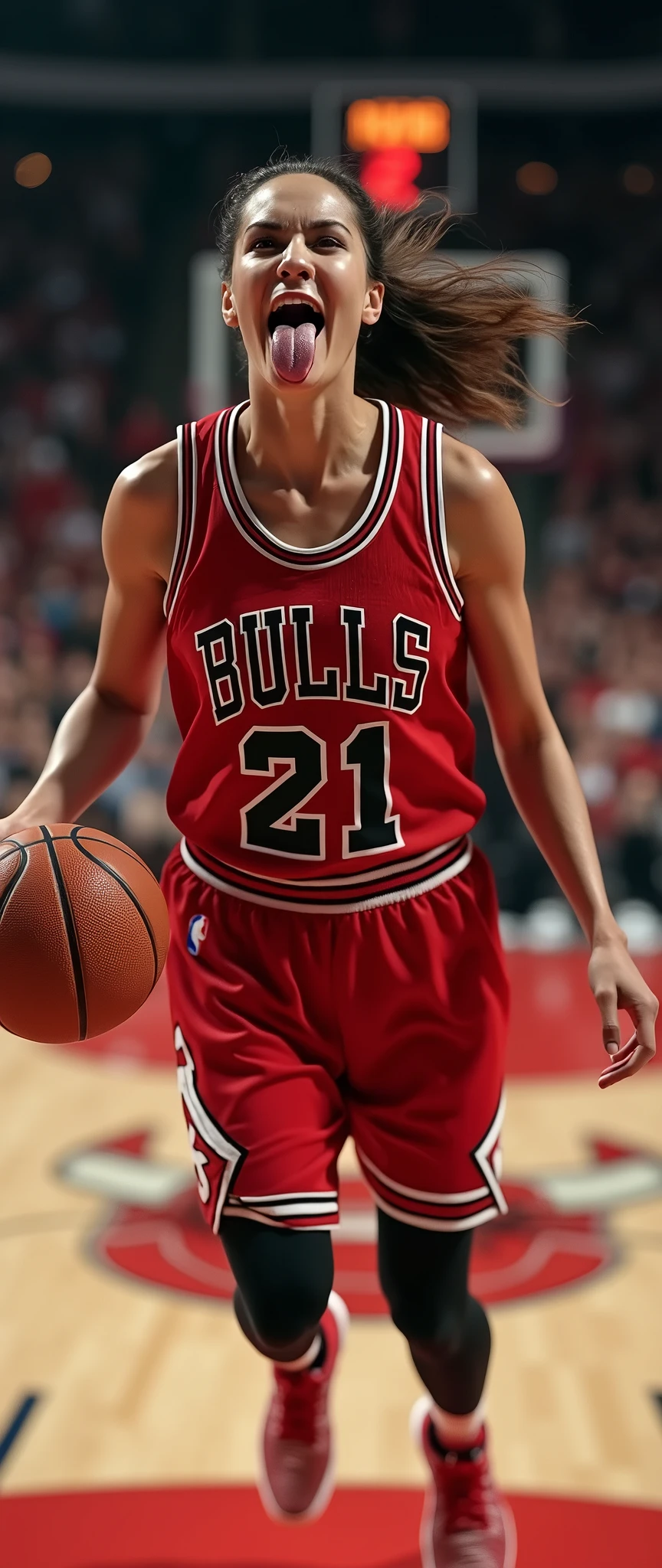 (masterpiece),(Highest quality),(Very detailed),(Ultra-high resolution),(Realistic:2.0),(RAW Photos:2.0),8k,wallpaper,(11 women:2.0),(Very beautiful woman:2.0),(Women basketball players:2.0),(Jump high with the ball in one hand to dunk:2.0),(From above:2.0),(Chicago Bulls uniform:2.0),(The woman is sticking out her tongue:2.0),(Serious:2.0),(Very detailed顔:2.0),(Very detailed手:2.0),(Detailed tongue:2.0),(Muscular:2.0),(dynamic:2.0),(Basketball court),(dynamic:2.0),(VFX:2.0)