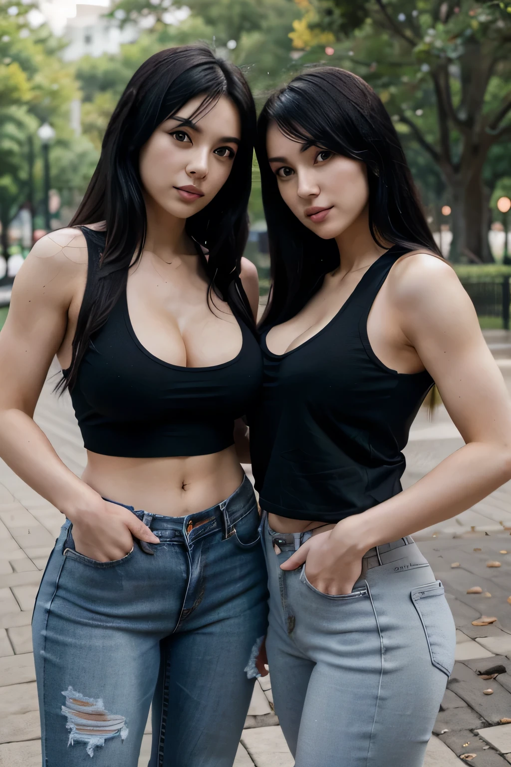 Two anime women with black hair, large breasts, and muscular body. Wearing dark tank tops and jeans at the park