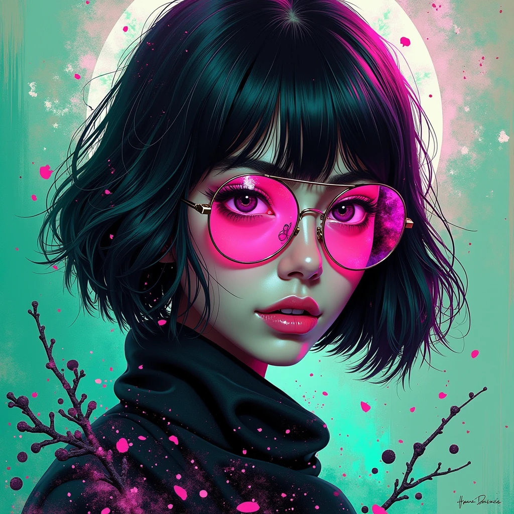 A mesmerizing dark fantasy portrait by TMann, featuring a mysterious bob-haired female rogue exuding an air of confidence. She dons stylish aviator sunglasses in striking neon shades of green, purple, and white. The canvas comes alive with bold, intricate patterns, vibrant water droplets and splashes that create a sense of depth and movement. The painting exudes a dreamy, ethereal essence, inviting the viewer into a realm of imagination and creativity. The harmonious blend of ukiyo-e and graffiti art styles results in a captivating, stunning masterpiece by the talented artist Hans Darias.