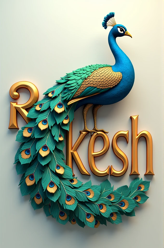 "A beautifully stylized 3D design of the name 'RAKESH' in large, elegant letters. The text is crafted with a combination of smooth curves and bold edges, resembling a mix of classic and modern typography. A vibrant peacock is perched atop the letters, with its intricate tail feathers cascading down and around the text. The peacock features a mix of rich blues, greens, and teal colors, with golden accents in its feathers. The overall composition has a luxurious and artistic feel, with a soft gradient background that complements the colors of the peacock and the text."