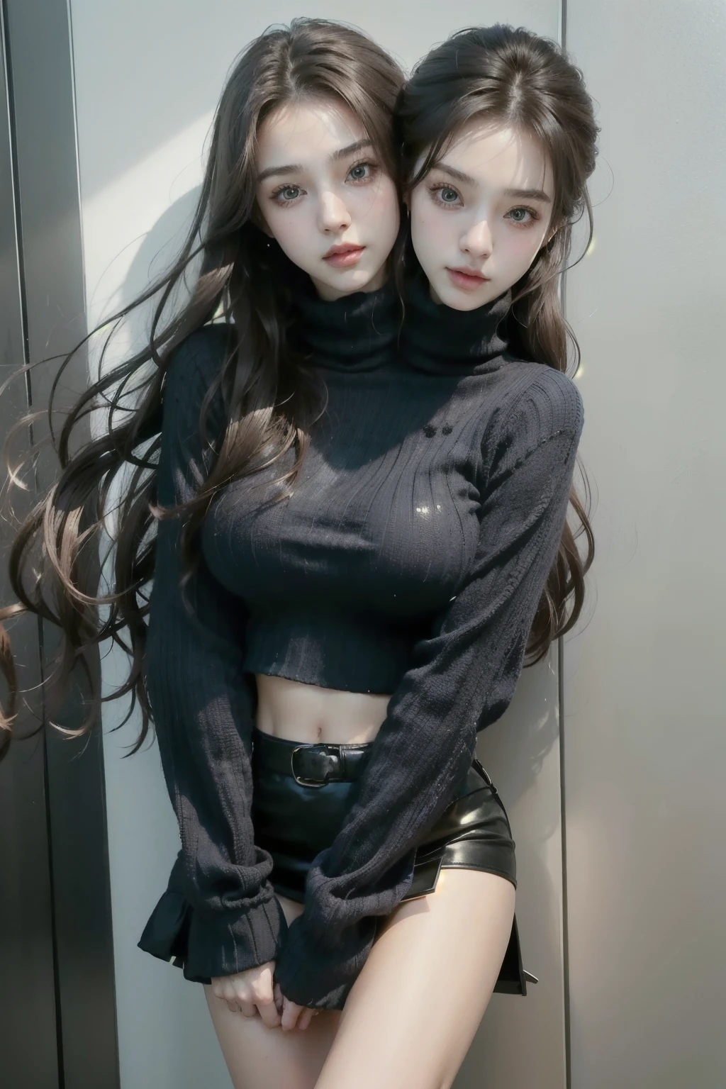 (2heads:1.2), 1girl, slim face, sharp blue eyes, brunette, hair in bun, thin:1.3,  body, wearing light knit sweater, high dark colored short skirt, hands on lap, looking at viewer, (eye level shot, cowboy shot),
BREAK
(best quality:1.3, masterpiece:1.3), (realistic, photo realistic:1.2), highres, UHD, 8k, (realistic skin, Detailed shiny skin), (normal expression, perfect anatomy),