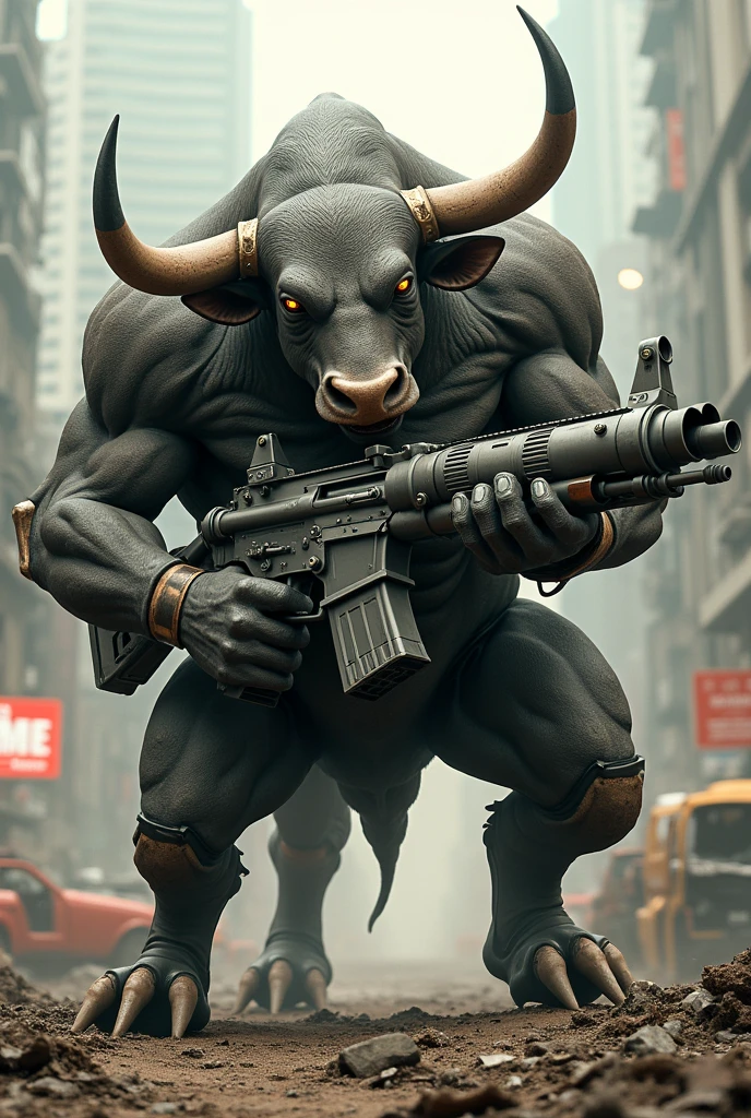 A bull with machine gun with car