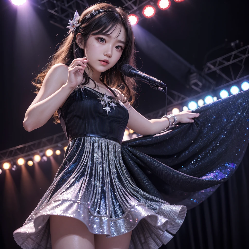 1girl, solo, best quality, masterpiece , Ruby Hoshino,  hair ornament, sparking eyes, star on eye, (star on right eye:1), (dress:1.4), (concert1), on the stage,