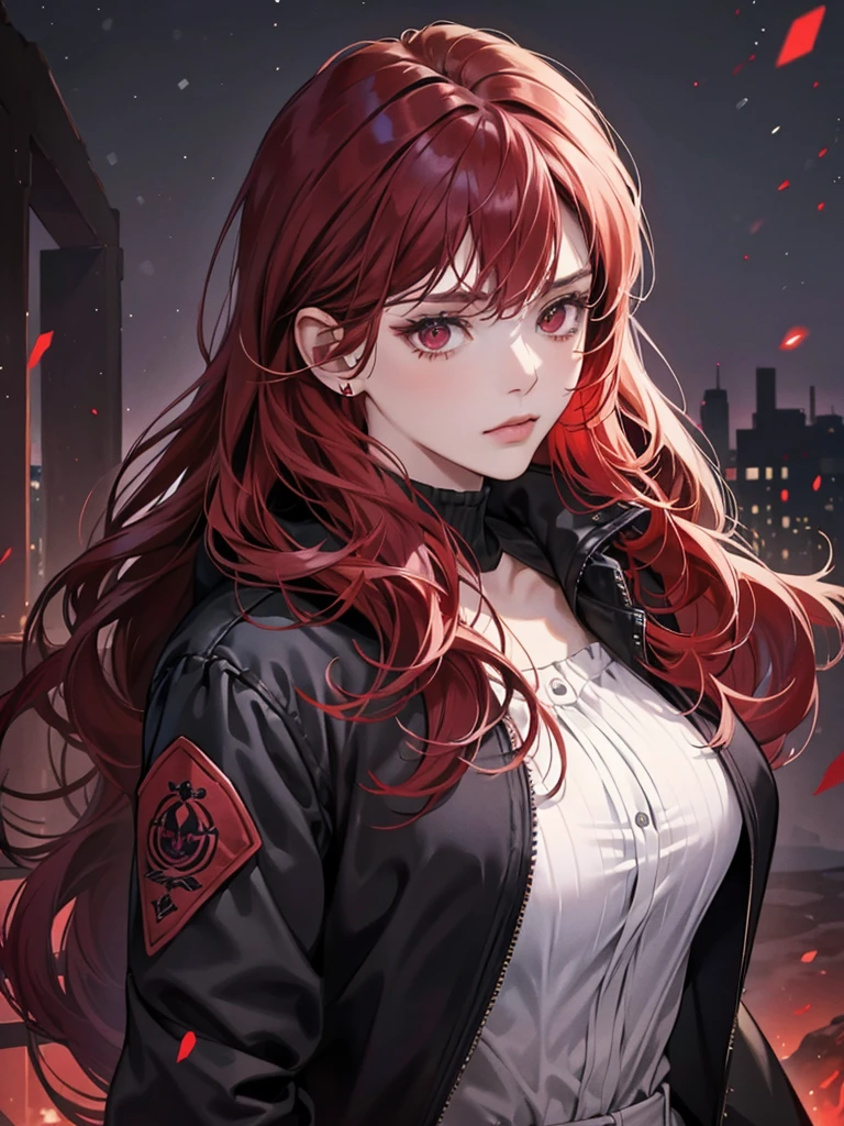 woman, red eyes, short red hair not have bangs, noble, mafia. sadistic women, wavy long hair. wear black purple winter jacket. strong woman. background in mansion