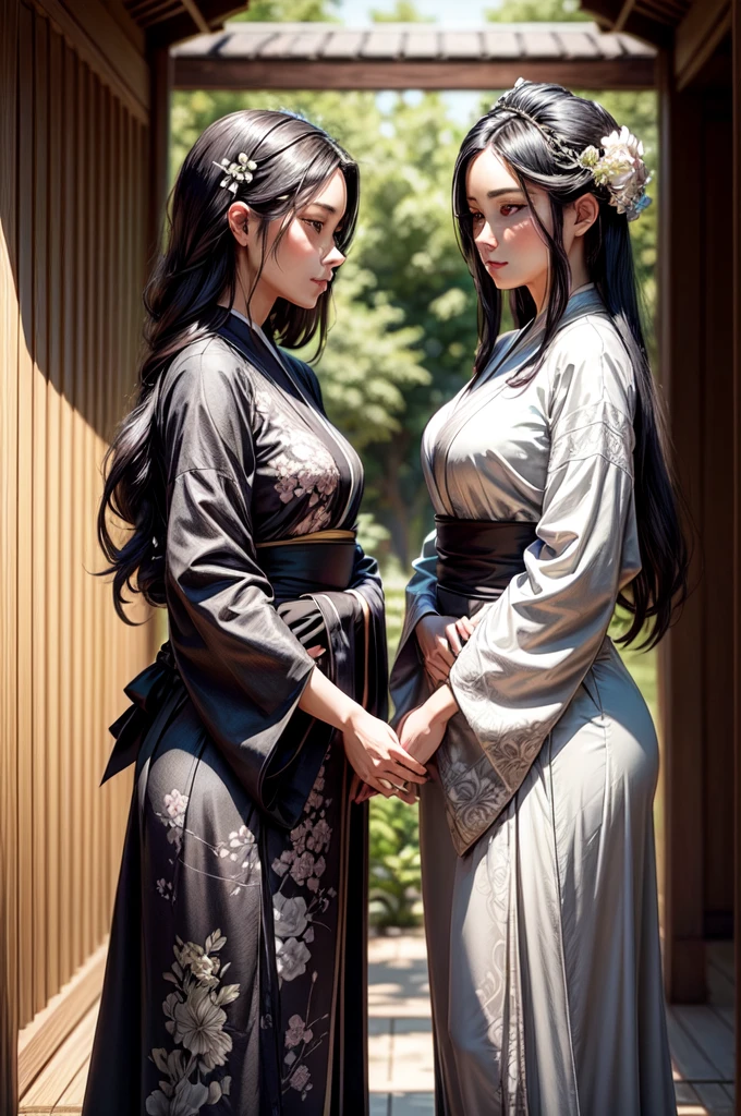 Two women stand closely together in a serene outdoor setting, wearing elegant black and gray kimonos adorned with floral patterns. Their flowing garments feature wide sleeves and cinched waists, creating a graceful silhouette. Both have long, dark hair styled intricately, with delicate accessories adding a touch of elegance. The background features soft, diffused sunlight filtering through bamboo, enhancing the tranquil ambiance.